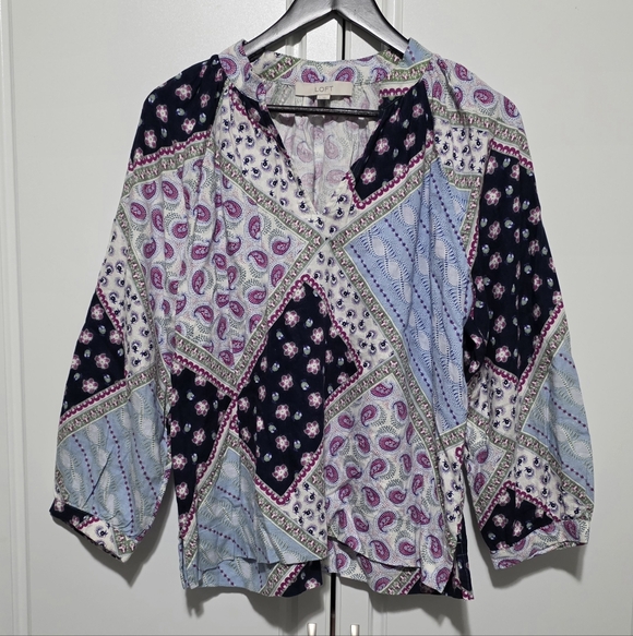 LOFT Paisley Boho Floral Patchwork Linen Blend Peasant Blouse 3/4 Raglan Sleeve - Picture 2 of 13